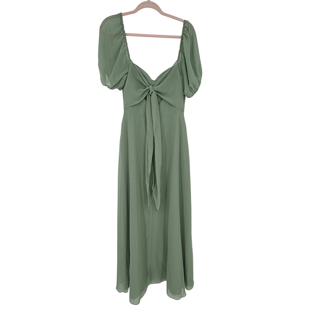Barbie x Azazie Sage Green Pistachio Chiffon Puff Sleeve Tie Front Maxi Dress A4